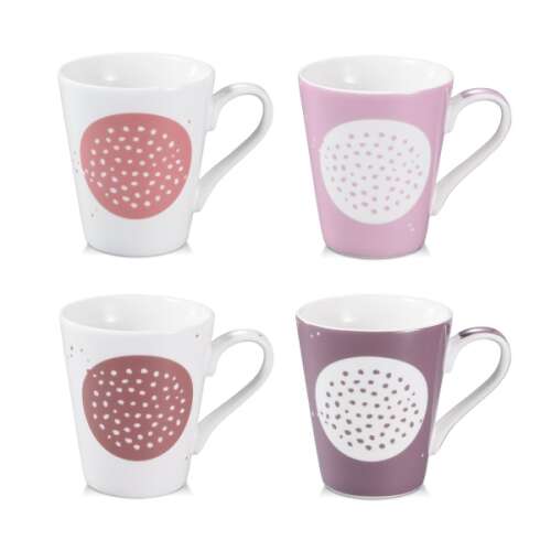Set of 4 myCOFFEE mugs, featuring a unique dotted design in pink, purple, and white.