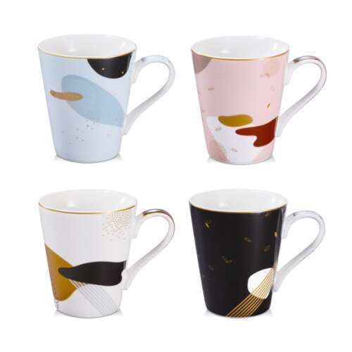 Set of 4 myCOFFEE Mugs, Moon design, abstract pattern, white porcelain, gold rim