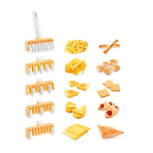 DELÍCIA Multifunckiós metélő pasta cutter, showing different types of pasta and pastry that can be made with it