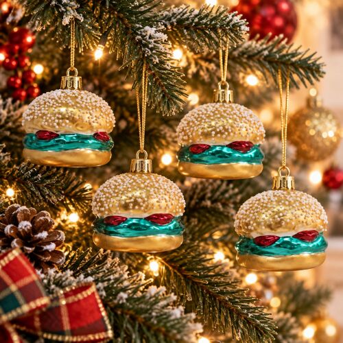 4 darabos hamburger karácsonyfadísz szett egy feldíszített karácsonyfán függve, fényekkel és egyéb díszekkel, részletes zsemlével, sajttal és salátával 