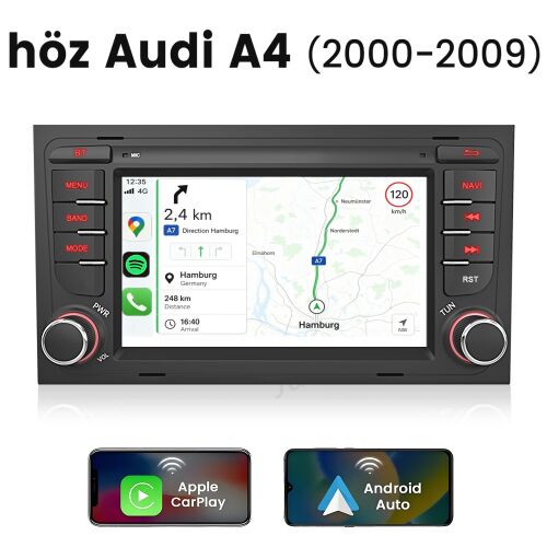 JUNSUN Autós Multimédia Audi A4 2000-2009 2GB+64GB 7" IPS Android 4-Magos CarPlay Android Auto GPS WiFi DSP