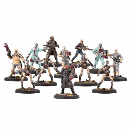 Részletes nézet a Fallout Frakciók Institute miniatúráiról fehér háttéren, szintekkel és emberi figurákkal - Társasjáték