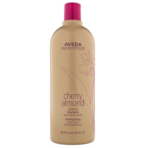 Aveda Cherry Almond Softening Shampoo 1000ml flakon rózsaszín kupakkal, elölnézet, fehér háttéren, puha, fényes hajért - Fürdés