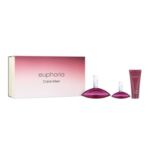 Calvin Klein Euphoria női parfüm ajándékszett, mely 100ml EDP-t, 30ml EDP-t és 100ml testápolót tartalmaz, rózsaszín gradiens csomagolással - Parfüm