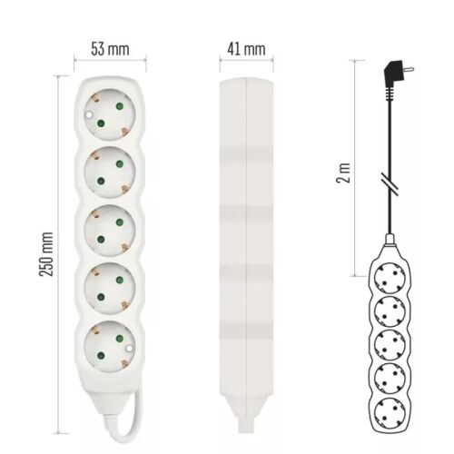 Hosszabbító 2 m  /  5 aljzat  /  fehér  /  PVC  /  1 mm2 180895937 - Villanyszerelés