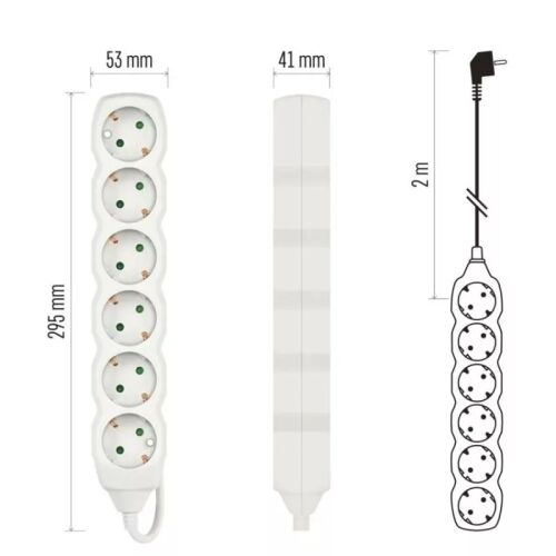Hosszabbító 2 m / 6 aljzat / fehér / PVC / 1 mm2 180906574 - Elosztó