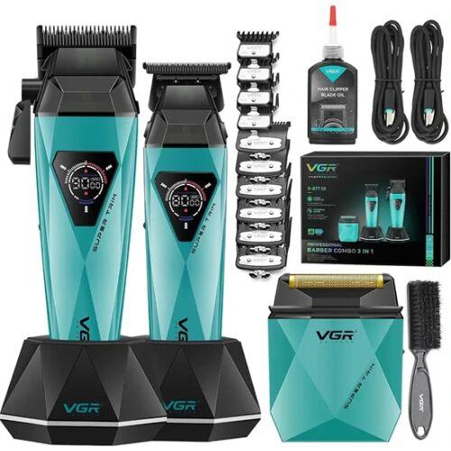 V-877 S3 professzionális barber kit: átfogó készlet kék hajvágóval, trimmerrel, elektromos borotvával, töltőállványokkal, vezetőfésűkkel, olajjal, kefével és USB-C kábelekkel - Hajvágó