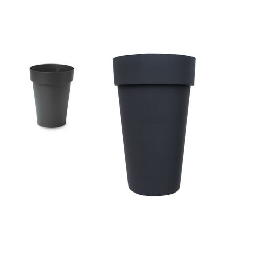 Melrose antracit magas virágcserép, 40cm átmérőjű, 65cm magas, fehér háttérrel, kisebb szürke cserép a háttérben - Kaspó