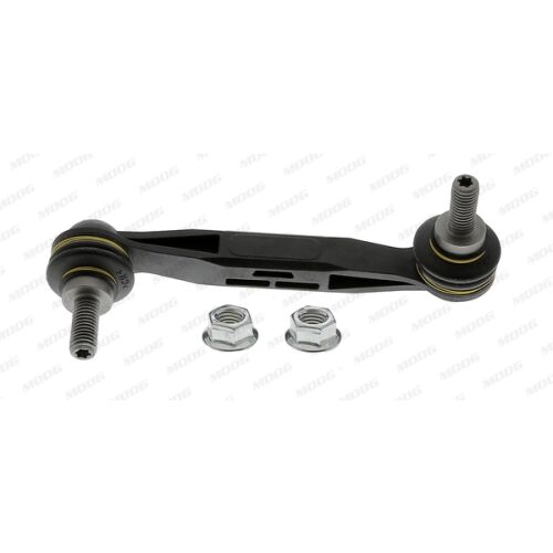 MOOG BM-LS-10920 stabilizátor lengőkar BMW 1-es és 2-es sorozathoz, hátsó tengely jobb, M10x1.5 menet, anyákkal, fekete műanyag és fém szerkezet fehér alapon - Lengőkar