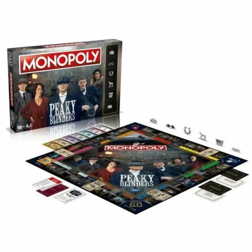 Monopoly Peaky Blinders kiadás társasjáték dobozzal, játéktáblával és játékelemekkel fehér háttéren - Társasjáték