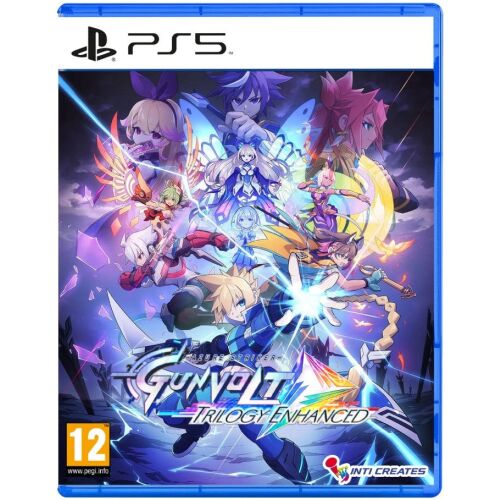 Azure Striker Gunvolt Trilogy Enhanced Edition játékkönyv PlayStation 5-re, több anime karakterrel, játék logóval, PEGI 12 besorolással és PS5 logóval. - Konzol játék