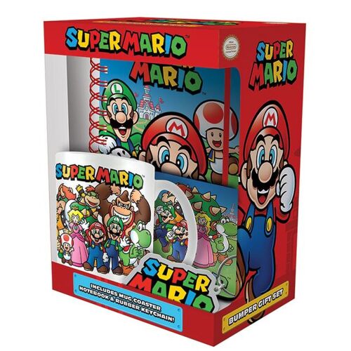 Nintendo Super Mario Evergreen Prémium Bögre Ajándék Szett bögrével, alátéttel, füzettel és kulcstartóval, melyen Mario, Luigi, Peach hercegnő, Yoshi és más karakterek láthatók, piros díszdobozban. - Művészet és hobbi