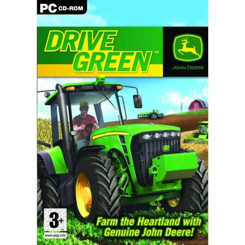 John Deere Drive Green PC CD-ROM játék borítója, amelyen egy zöld John Deere traktor látható egy farmerrel, mezőkkel körülvéve, a játék címével és a John Deere logóval - PC játék