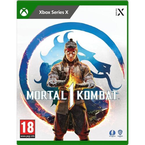Mortal Kombat 1 Xbox Series X játék dobozborítója, melyen Tűzisten Liu Kang látható imapózban, kék és narancssárga energiával körülvéve, PEGI 18 besorolás 