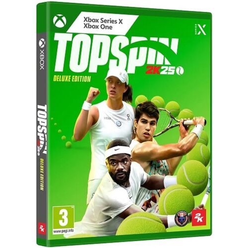TopSpin 2K25 Deluxe Edition játékdoboz Xbox Series X és Xbox One konzolra, Iga Świątek, Carlos Alcaraz és Francis Tiafoe teniszezőkkel zöld háttéren, teniszlabdákkal. PEGI 3 besorolás. 