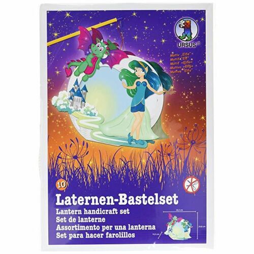 Ursus lámpás barkácskészlet - Tündér, a termék csomagolását ábrázolja tündér és sárkány illusztrációval, valamint többnyelvű felirattal: 'Laternen-Bastelset' és 'Lantern handicraft set'. 