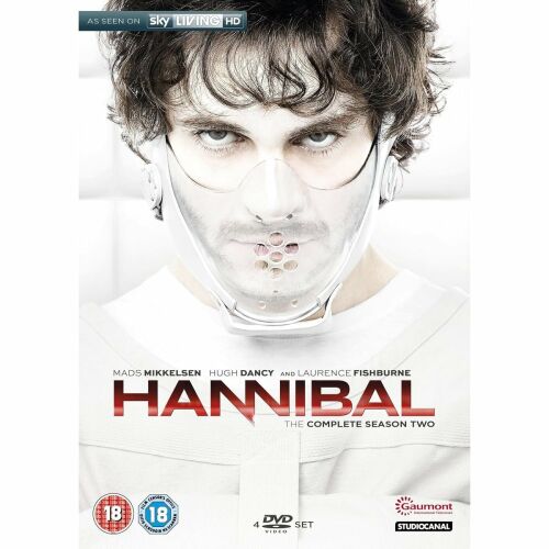 Hannibal: The Complete Season Two DVD borító Will Grahammal átlátszó maszkban, Mads Mikkelsen, Hugh Dancy és Laurence Fishburne szereposztással - TV és szórakozás