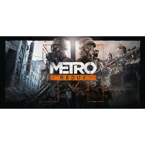 Metro Redux videojáték borítóképe két gázmaszkos katonával és puskával, háttérben egy háború sújtotta város - Konzol játék