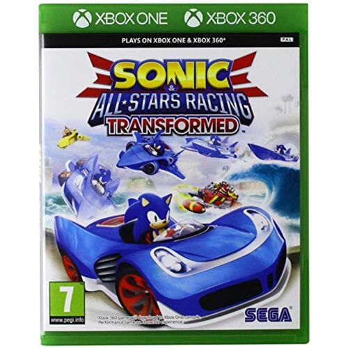 Sonic & All-Stars Racing Transformed Classics játék, Sonic kék autóban a borítón, Xbox 360 és Xbox One konzolra, különböző karakterekkel szárazföldi, tengeri és légi járművekben 