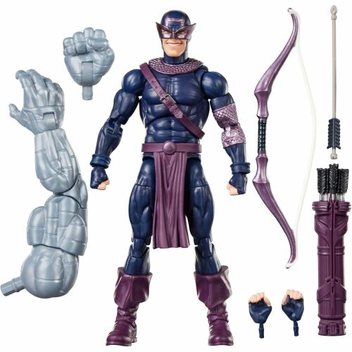 Marvel Legends Series Sötét Bosszúállók Hawkeye akciófigura cserélhető kezekkel, íjjal, tegezcel, nyilakkal és Build-A-Figure karral fehér háttéren - Mesehős figura