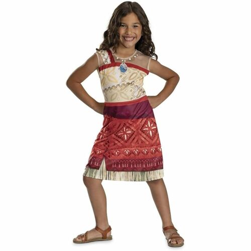 Disguise Vaiana Basic Plus ruha jelmez lányoknak, M-es méret (7-8 éveseknek), mosolygó lány viseli a Vaiana ihlette ruhát kagyló nyaklánccal, ideális Halloweenre vagy beöltözős játékhoz - Jelmez gyerekeknek