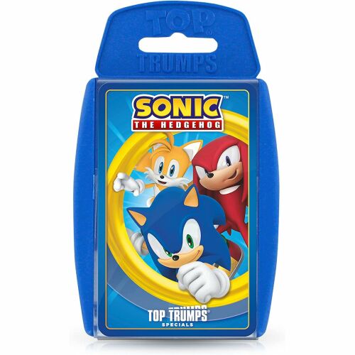 Top Trumps Specials Sonic The Hedgehog kártyajáték, Sonic, Tails és Knuckles karakterekkel, kék tokban, fehér háttér előtt 