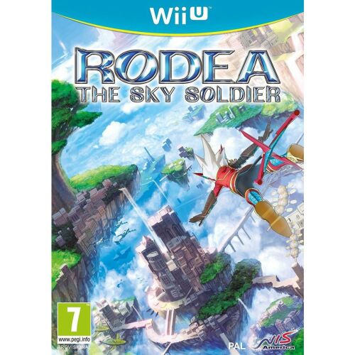Rodea The Sky Soldier Wii U játék borítója, a főszereplővel lebegő szigetek felett repülve, akció platformer 