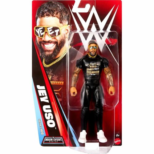 Mattel WWE Main Event Jey Uso akciófigura, bontatlan kiskereskedelmi csomagolásban, Jey Uso fekete ruhában és sárga napszemüvegben, ideális birkózás rajongóknak és gyűjtőknek. - Mesehős figura