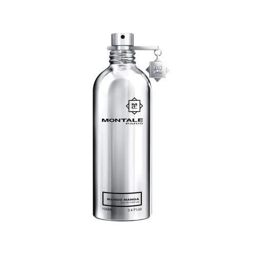 Montale Mango Manga Eau De Parfum, unisex 100ml ezüst üveg márkajelzéssel és terméknévvel, döntött nézetben fehér háttéren - Unisex parfüm