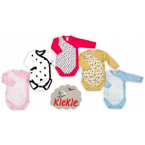 KLEKLE 5 darabos baba body kollekció, hosszú ujjú, 100% pamut, különböző színek és minták, köztük rózsaszín szívecskék, fekete szívecskék, sárga és kék, 74-es méret, kényelmes babaviselet - Gyerek body