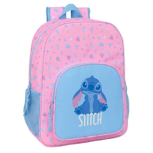 STITCH Bright Disney Lilo & Stitch rózsaszín és kék gyerek hátizsák, elölnézet, Stitch karakterrel egy világoskék zseben, szórt mintákkal rózsaszín alapon - Iskolakezdés és iskolaszer