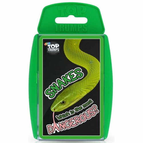 Top Trumps Classics Kígyók kártyajáték, zöld műanyag tok, zöld kígyóval és a 'Melyik a legveszélyesebb?' szöveggel 