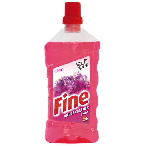 Well Done Fine Multi Cleaner 1L Floral, rózsaszín folyadék átlátszó palackban piros kupakkal, padlókhoz, bútorokhoz és ablakokhoz. - Általános tisztítószer