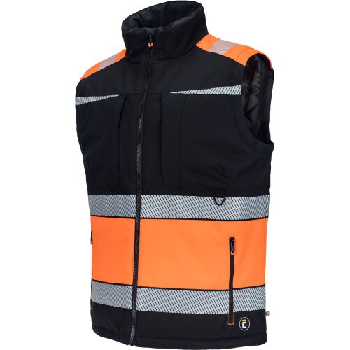 ORIBI HV 1 narancssárga, 5XL méretű, jól láthatósági mellény, szögletes nézet, szegmentált fényvisszaverő csíkokkal és zsebekkel, biztonsági munkaruha - Láthatósági ruházat