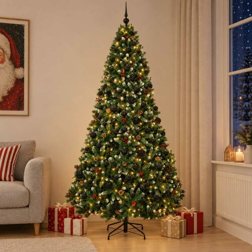 vidaXL 240 cm-es műkarácsonyfa gyönyörűen díszítve fekete gömbökkel és meleg fehér LED fényekkel, hangulatos nappali környezetben ajándékokkal és Mikulás festménnyel - Szezonális dekoráció