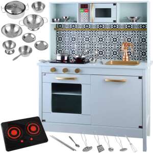 Menta színű fa játékkonyha kiegészítőkkel, mikróval, indukciós főzőlappal, sütővel és mosogatóval - Babakonyha & Játékkonyha