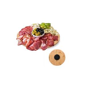 Rotating bamboo serving board with cheese, charcuterie, and olives, perfect for entertaining - Cutting board