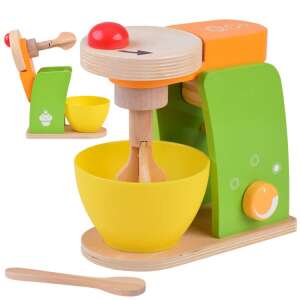 Wooden stand mixer toy for kids, with bowl, spoon, and rotating beaters - Toy kitchen tool