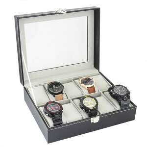 Fekete 10 férőhelyes óratartó doboz átlátszó fedéllel, óra tároló - Óraforgató & óratartó doboz