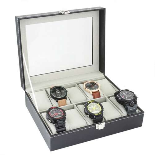 Fekete 10 férőhelyes óratartó doboz átlátszó fedéllel, óra tároló