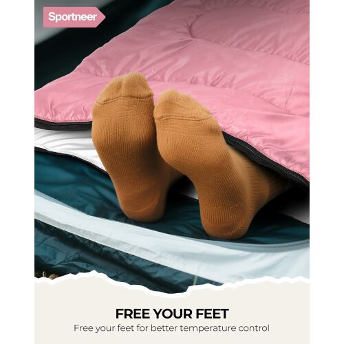 Sac de dormit Sportneer, 220 x 80 cm, pentru 1 persoana, 3-4 sezoane, Temperatura confort 0-18°C, Gluga ajustabila, Fermoar dublu, Material hidrofug, Poliester, culoare Roz 181535660