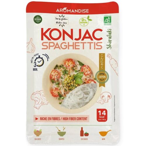 Aromandise Bio Konjac Spagetti 180g, rostban gazdag, gluténmentes, vegán, alacsony kalóriatartalmú tészta, elkészített spagetti képpel paradicsommal és fűszerekkel - Tészta