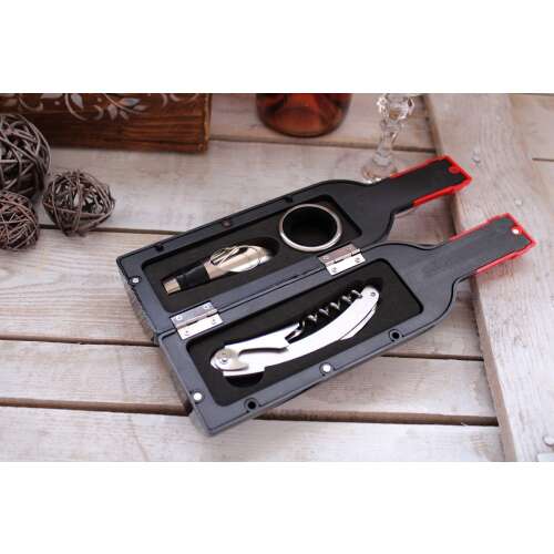 Borospalack formájá szett dugóhúzóval, palacknyitóval és dugóval