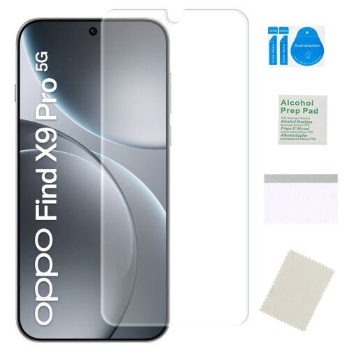 OPPO Find X9 Pro hidrogél képernyővédő fólia felhelyező készlettel fehér alapon, bemutatva az átlátszó fóliát és tisztítóeszközöket. - Kijelzővédő fólia