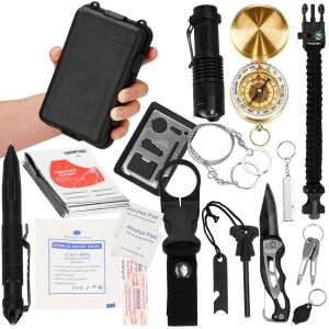 Hand holding Springos survival kit case with visible components - Hunting