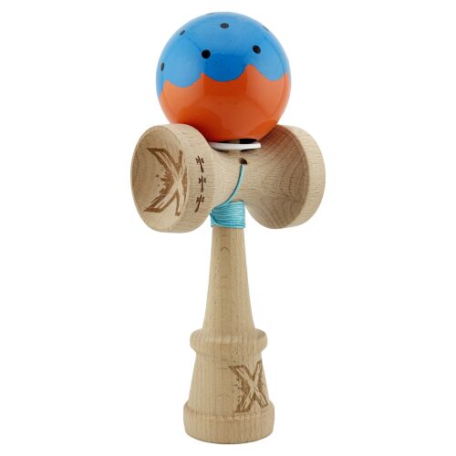 Kendama X Original Professzionális Super Ragacsos Nagy KING SIZE V3 Kupákkal, Fém Csapágyval, 18 cm-es Fából, Különleges Kék/Narancssárga színben, elölnézet - Kendama