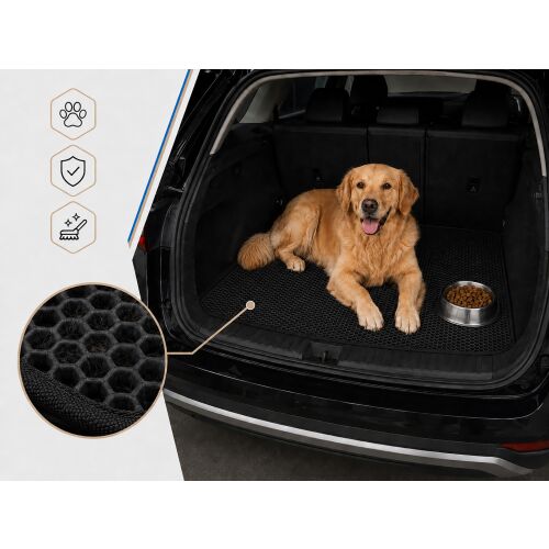 Golden Retriever kutya pihen a BMW i3 csomagtartójában a behelyezett MAX-DYWANIK EVA csomagtartó szőnyeggel, bemutatva annak kisállatbarát és könnyen tisztítható tulajdonságait, kapcsolódó ikonokkal. - Csomagtértálca
