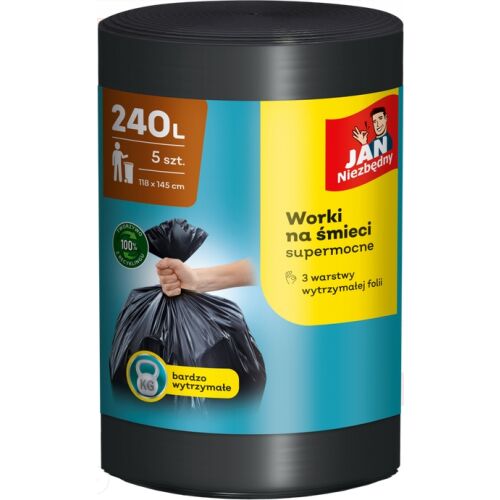 Jan Niezbędny 240L extra erős szemeteszsákok, csomagolás eleje tartósságot és 3 rétegű fóliát mutatva, kéz tele zsákot tartva - Szemeteszsák