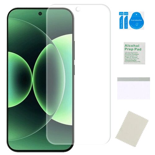 XIAOMI 17 PRO MAX hidrogél képernyővédő fólia applikátor készlettel, mely tartalmazza a portalanítót és az alkoholos törlőkendőt, fehér háttér előtt, bemutatva a fóliát és kiegészítőit. - Kijelzővédő fólia