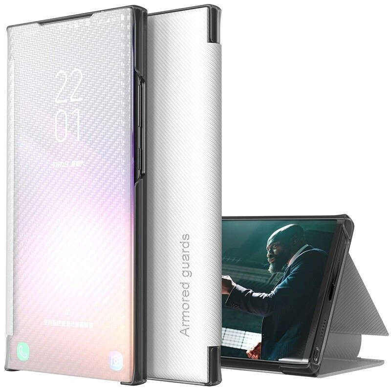 Xiaomi Redmi Note 11T 5G / Note 11S 5G / Poco M4 Pro 5G, Oldalra nyíló tok, stand, hívás mutatóval, kevlár minta, Wooze Smart View Cover Carbon, fehér